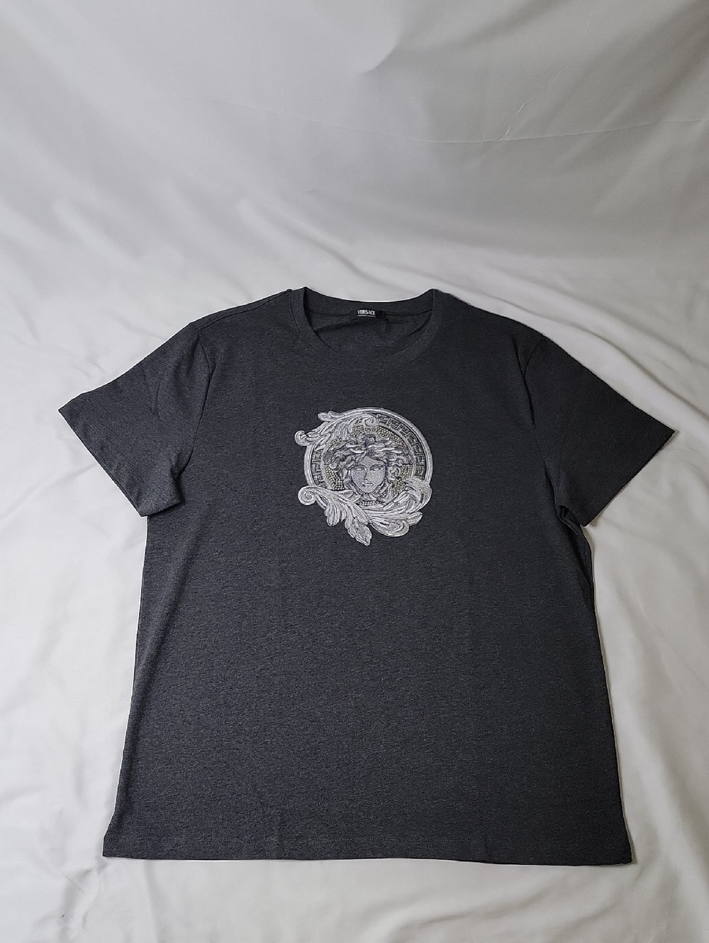 Versace Dark Gray Crewneck T-Shirt with Silver Medusa Emblem